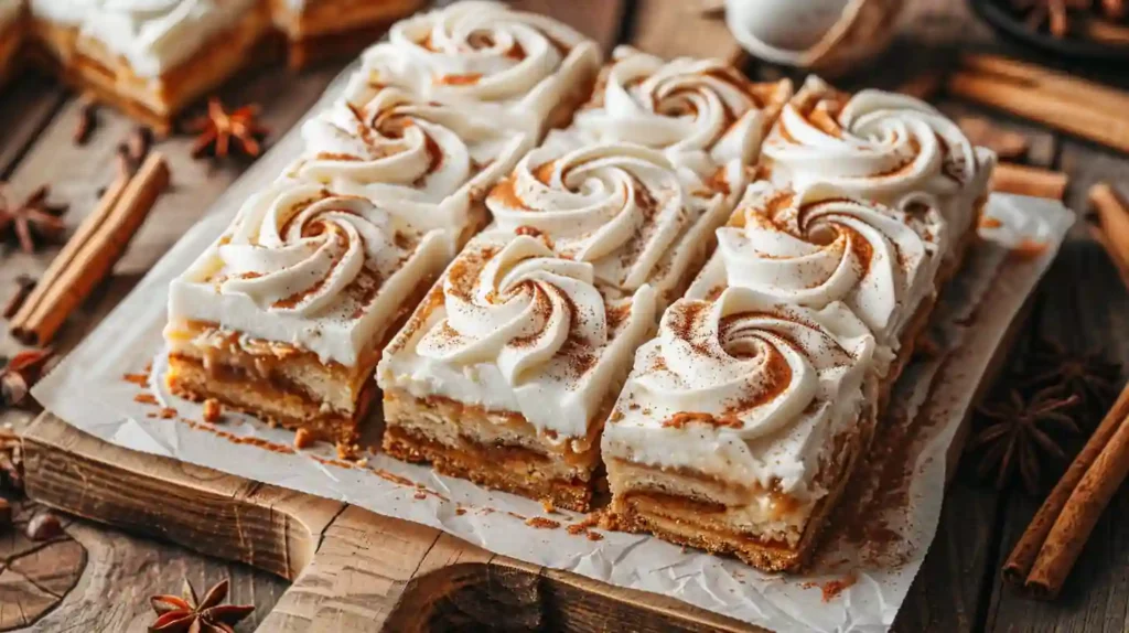 Top view of cinnamon roll bliss bars with frosting swirls and cinnamon dust