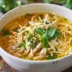 Classic ginger garlic chicken noodle soup in a white bowl
