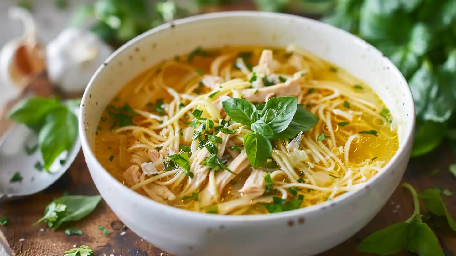 Classic ginger garlic chicken noodle soup in a white bowl