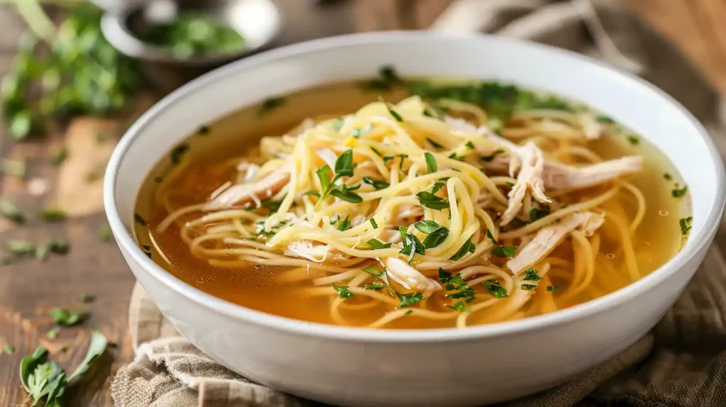 Bowl of classic ginger garlic chicken noodle soup garnished with basil