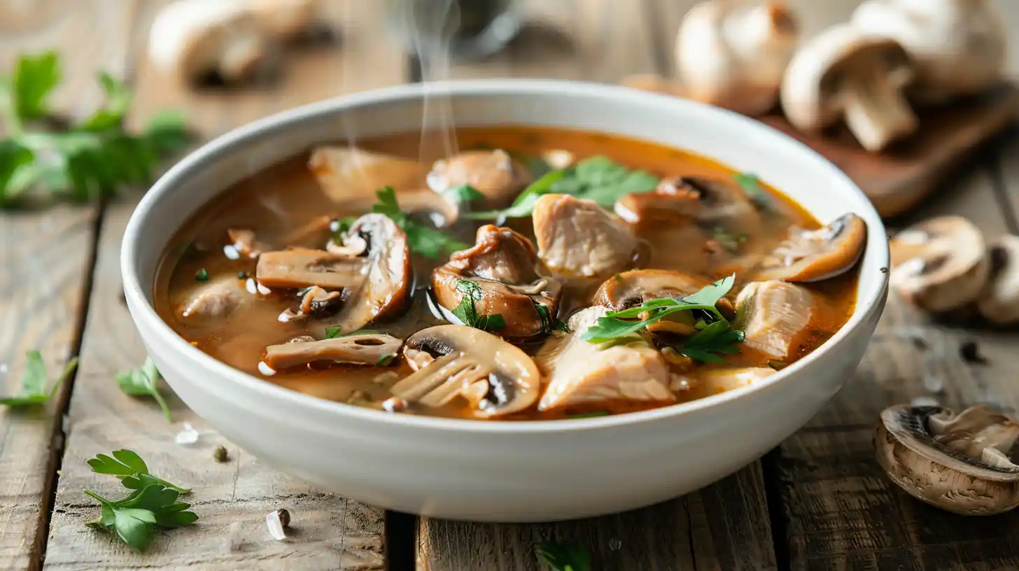 Clean chicken mushroom soup with fresh herbs in a white bowl