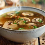 Bowl of clean chicken mushroom soup with sliced mushrooms and herbs