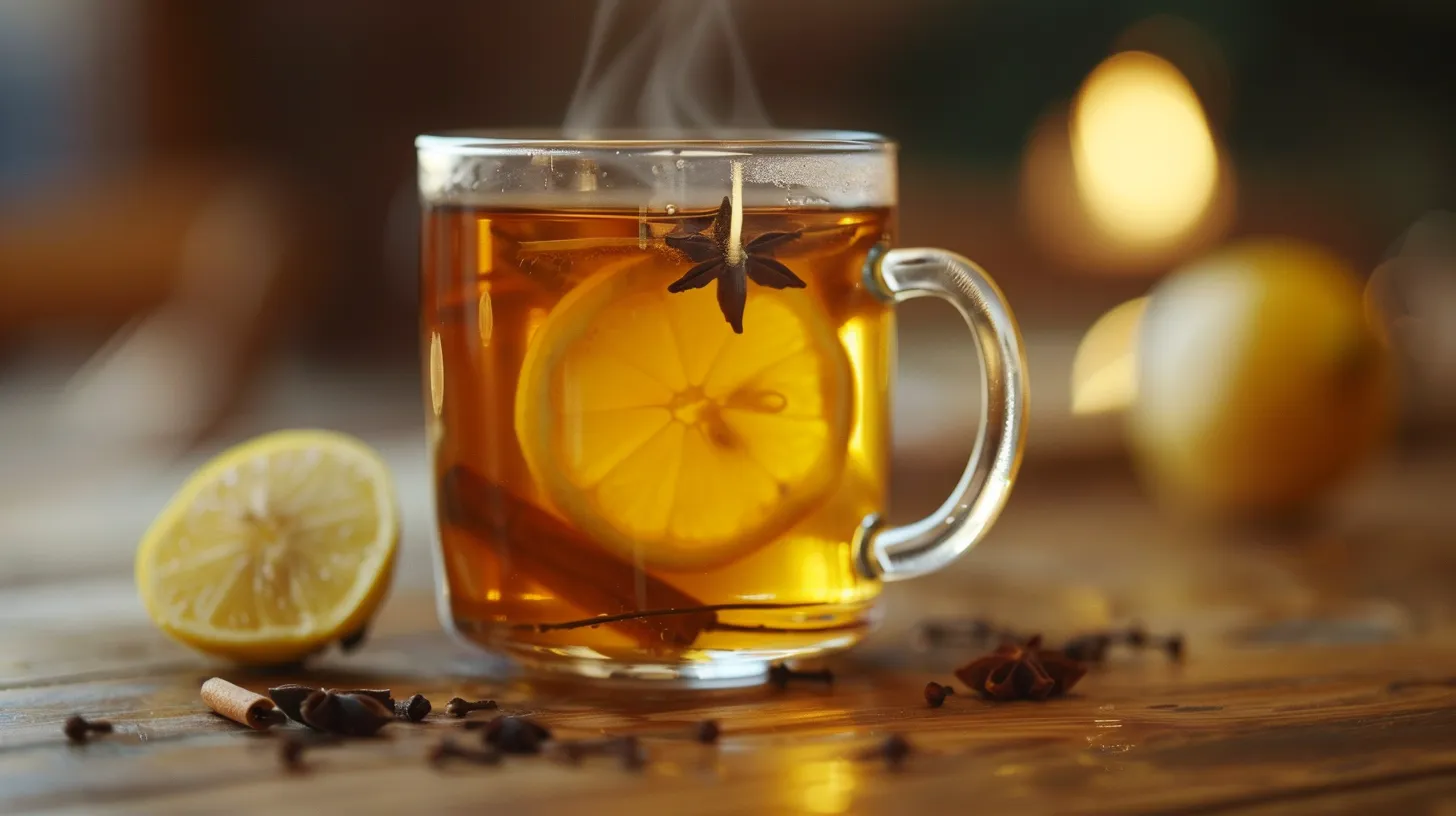Clove tea recipe for immunity and a healthy lifestyle in a steaming glass mug.