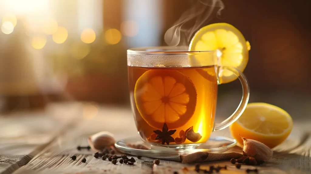 Clove tea recipe for immunity and a healthy lifestyle with visible steam and spices.
