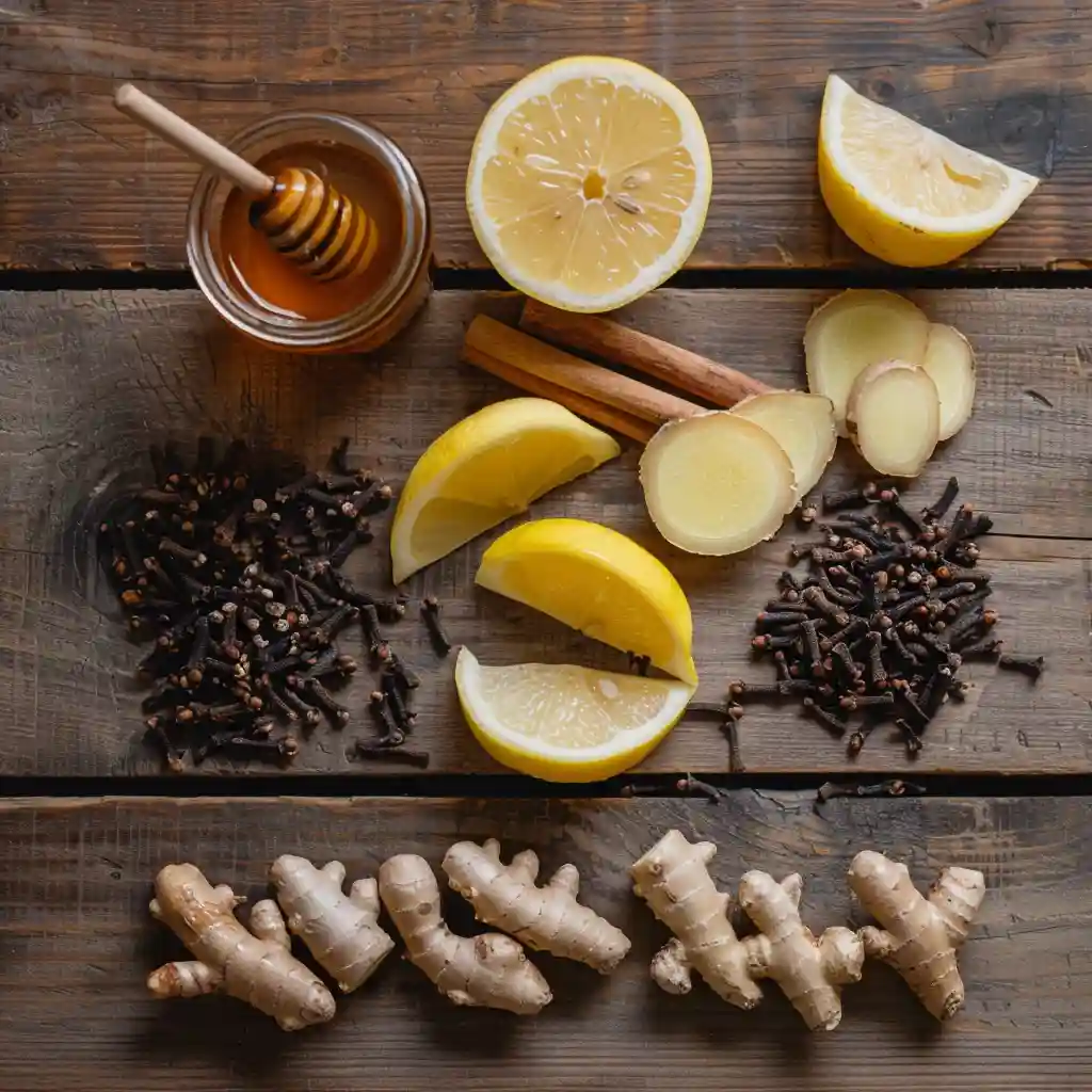 Ingredients for clove tea recipe for immunity and a healthy lifestyle on rustic table.