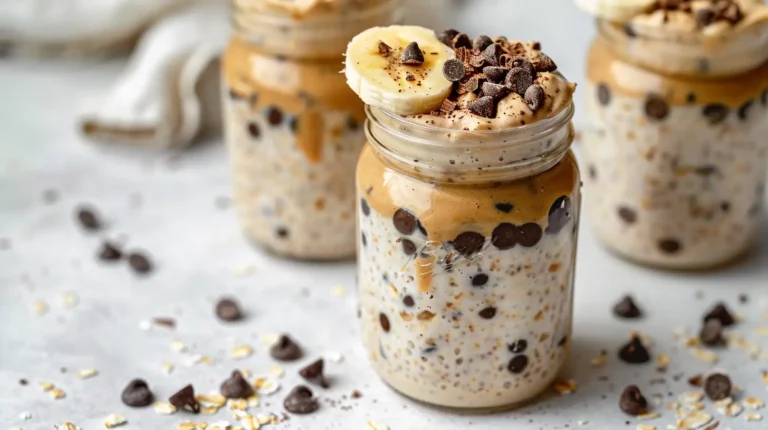 Cookie dough overnight oats in mason jars with chocolate chips and banana