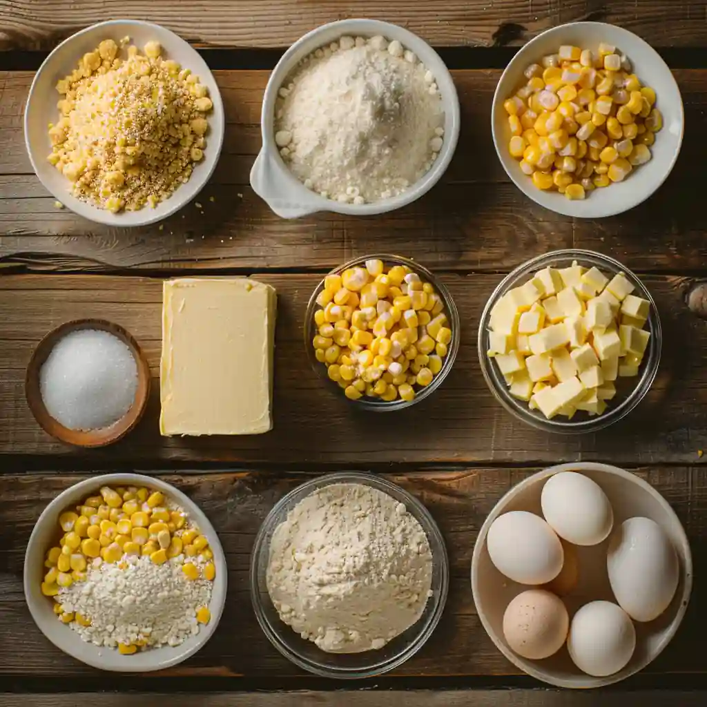 Cornbread casserole ingredients including corn, cheese, butter, and eggs