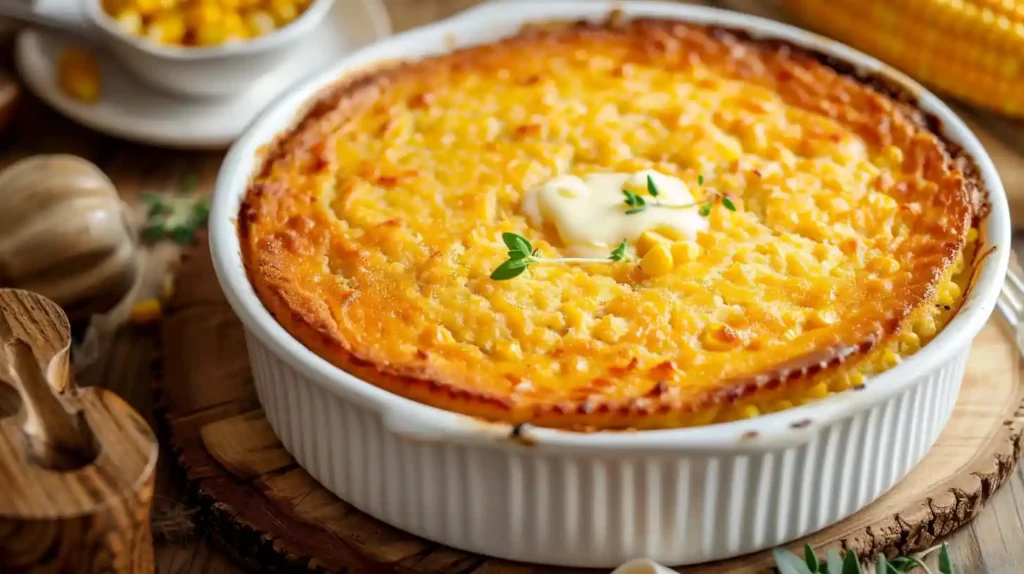 Cornbread casserole recipe baked golden with a pat of butter