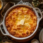 Homemade cornbread casserole with golden cheesy crust