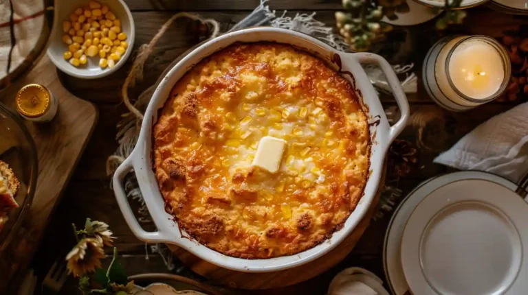 Homemade cornbread casserole with golden cheesy crust