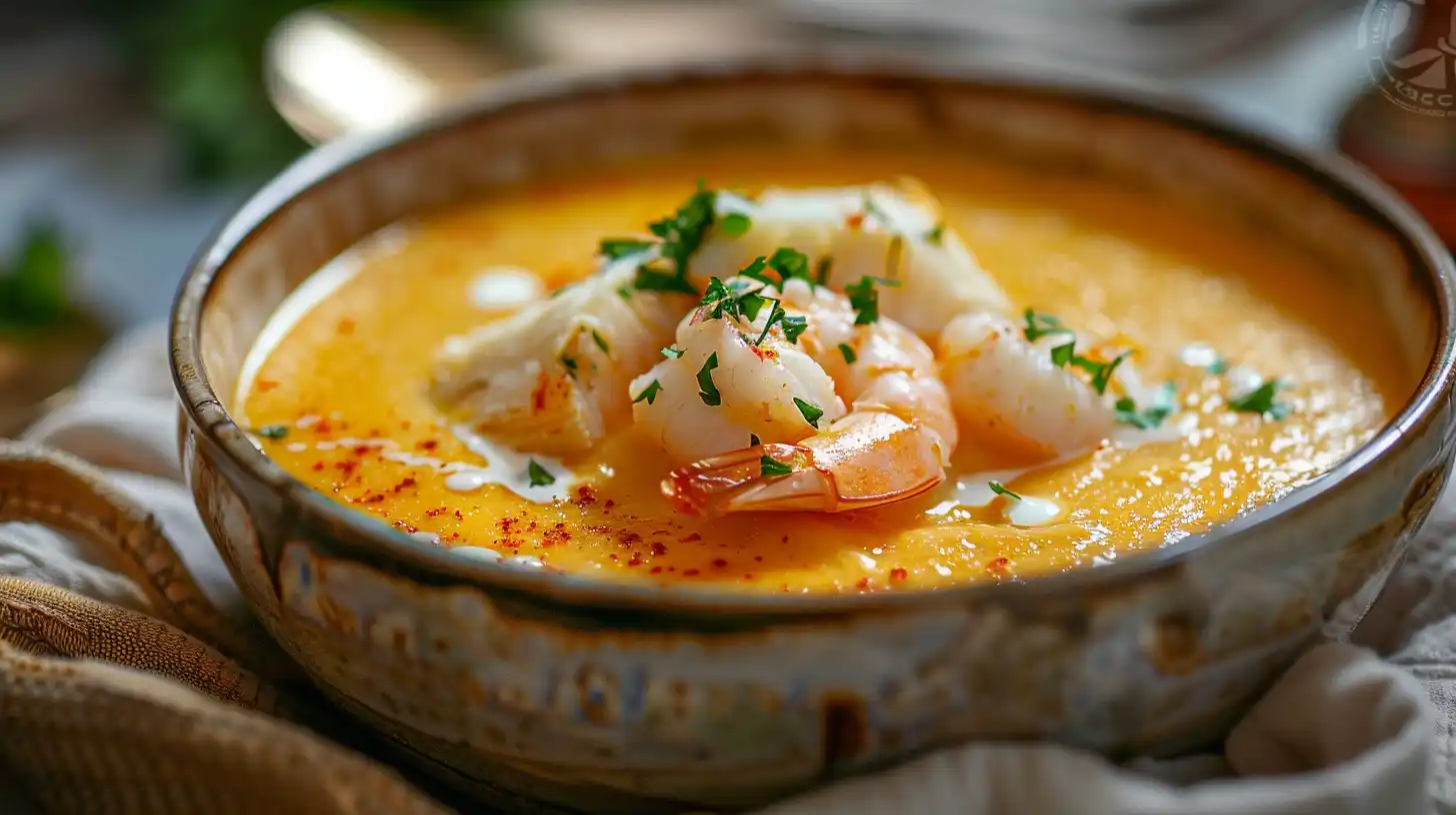 Creamy crab and shrimp seafood bisque garnished with herbs and whole shrimp