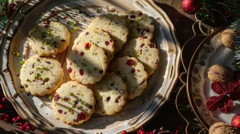 Cranberry pistachio shortbread cookies arranged on a holiday platter