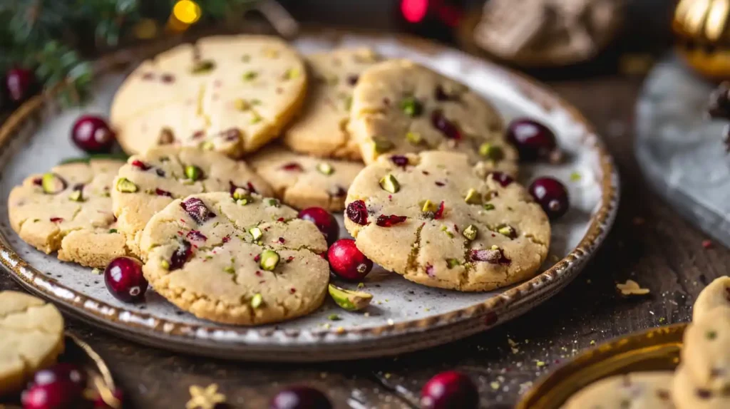 Holiday cranberry pistachio shortbread cookies with rustic background