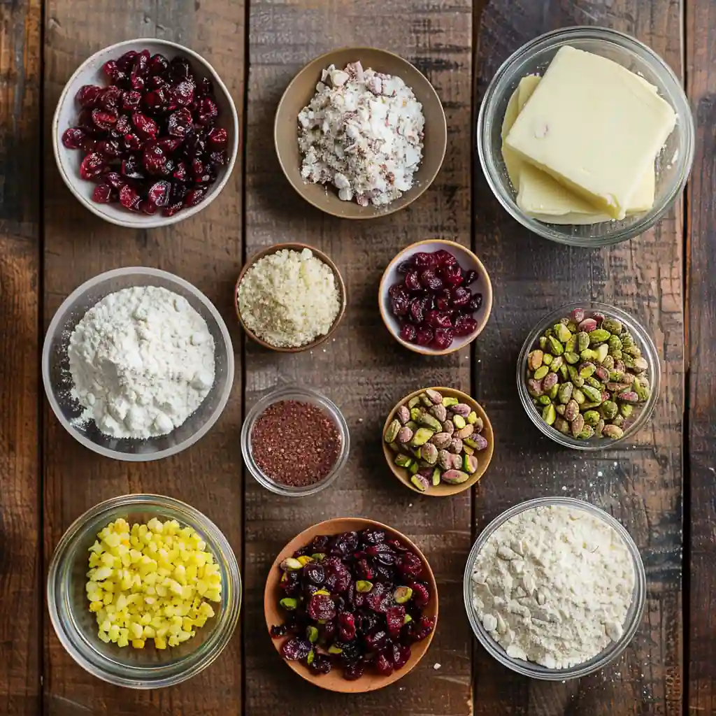 Ingredients for cranberry pistachio shortbread cookies on wooden table