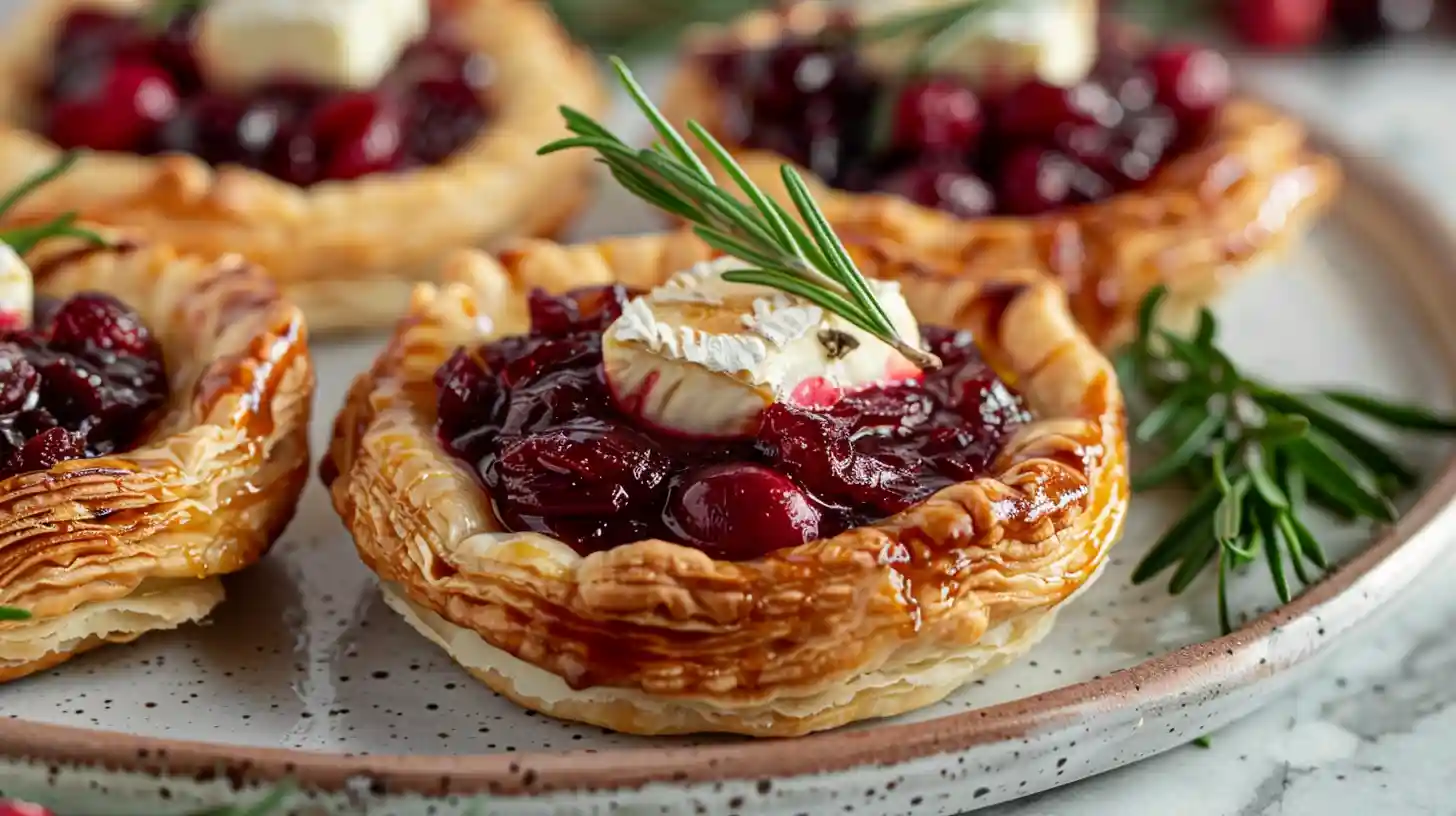 Cranberry brie tart with puff pastry and rosemary garnish