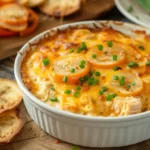 Creamy banana pepper chicken dip topped with golden cheese and sliced peppers