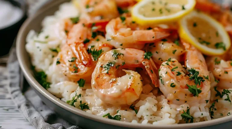 Close-up of creamy garlic butter shrimp with rice and herbs