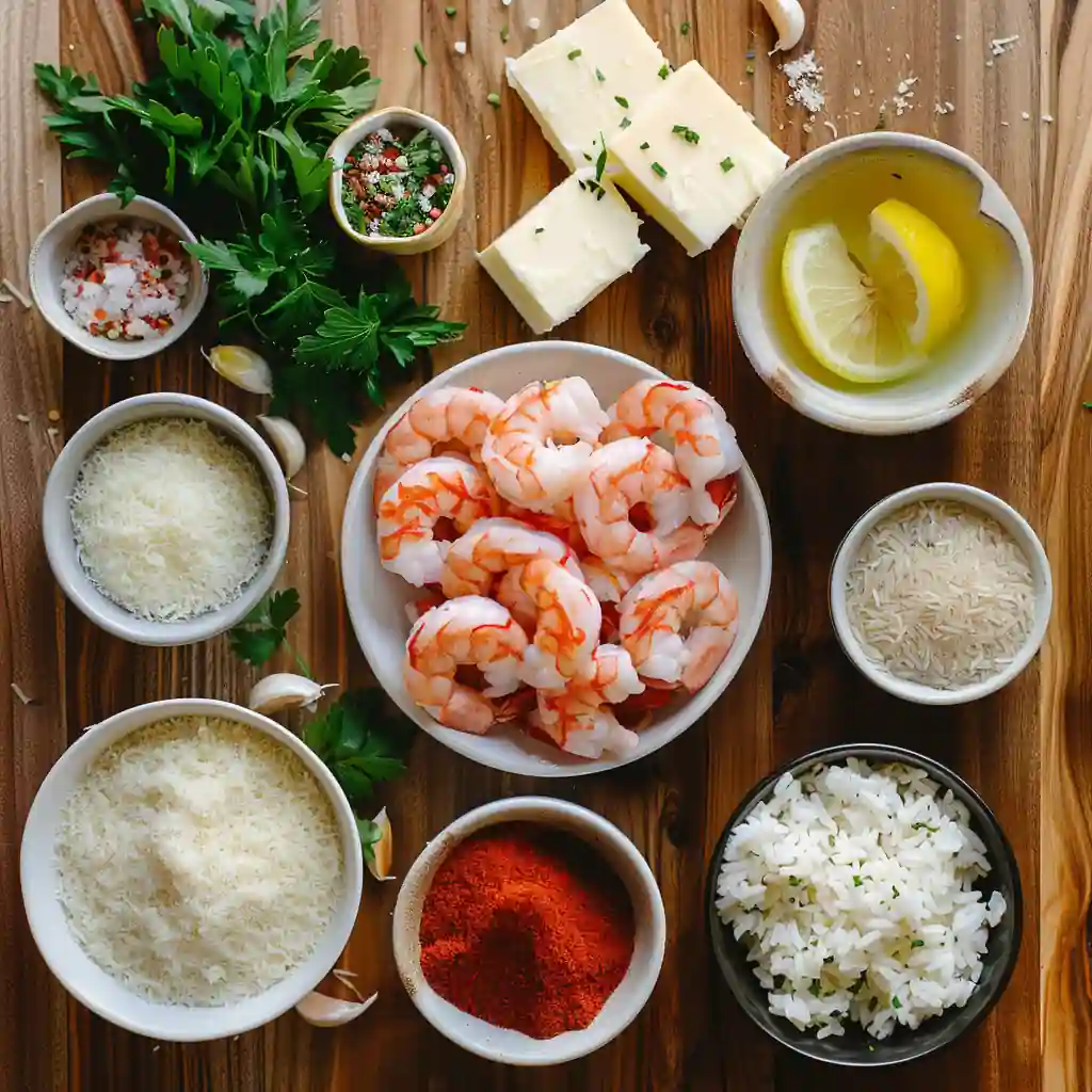Ingredients for creamy garlic butter shrimp with rice