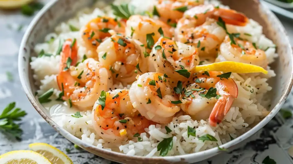Top view of creamy garlic butter shrimp served over fluffy white rice