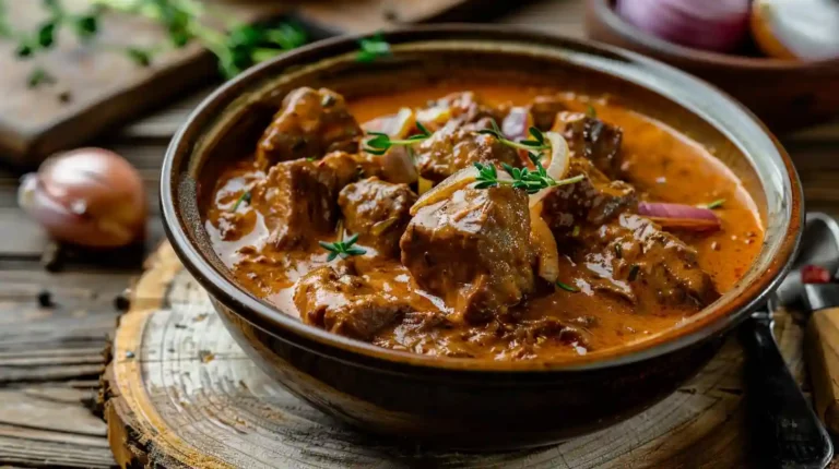 Traditional creamy German goulash in a wooden bowl with herbs