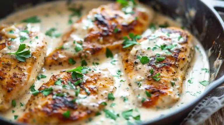 Creamy garlic parmesan chicken recipe cooking in skillet with herbs