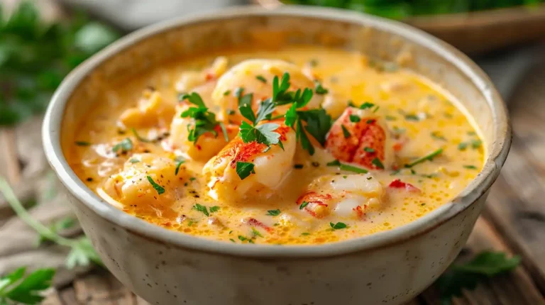 Creamy lobster scallop chowder with parsley and lobster chunks