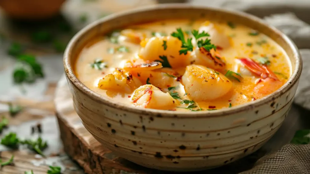 Creamy lobster scallop chowder served with scallops and shrimp in a bowl