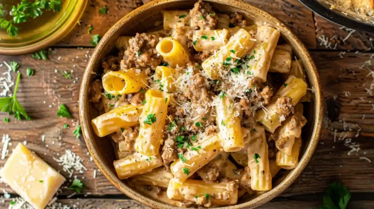 Creamy Parmesan Beef Rigatoni served in a rustic bowl