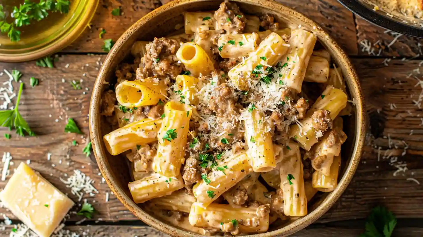 Creamy Parmesan Beef Rigatoni served in a rustic bowl