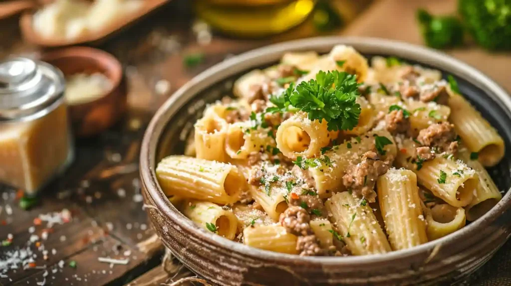 Creamy Parmesan Beef Rigatoni with ground beef and parsley