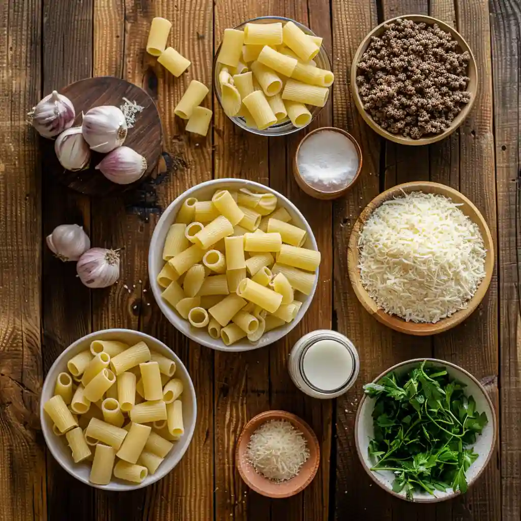 Ingredients for Creamy Parmesan Beef Rigatoni on wood surface