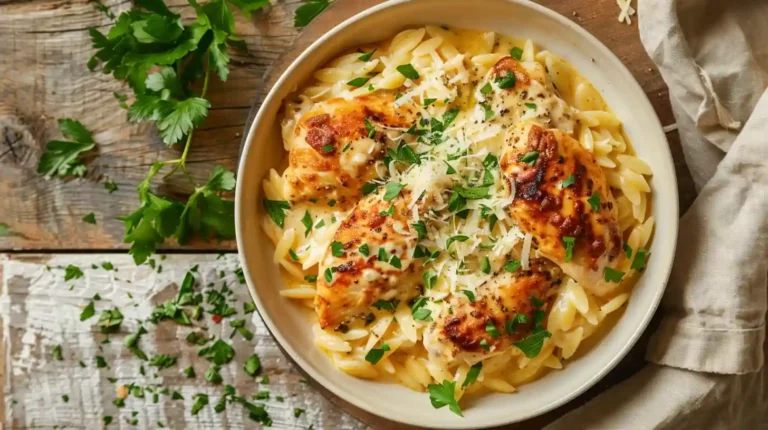Creamy Parmesan Chicken and Orzo served in a rustic bowl