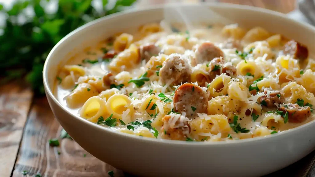 Creamy Parmesan Italian Sausage Ditalini Soup in a bowl