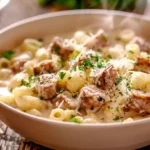 Close-up of Creamy Parmesan Italian Sausage Ditalini Soup