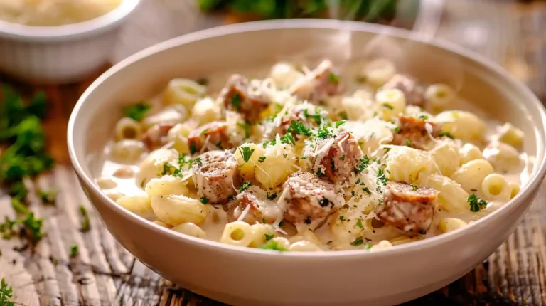 Close-up of Creamy Parmesan Italian Sausage Ditalini Soup