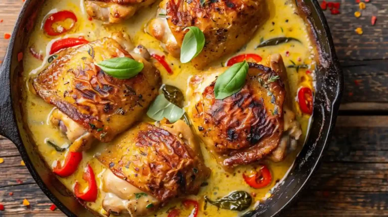 Creamy Pepperoncini Chicken Skillet with crispy skin and peppers
