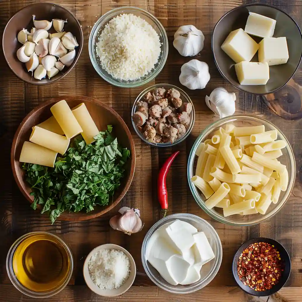 Ingredients for Creamy Sausage Rigatoni including rigatoni pasta, Italian sausage, and fresh herbs