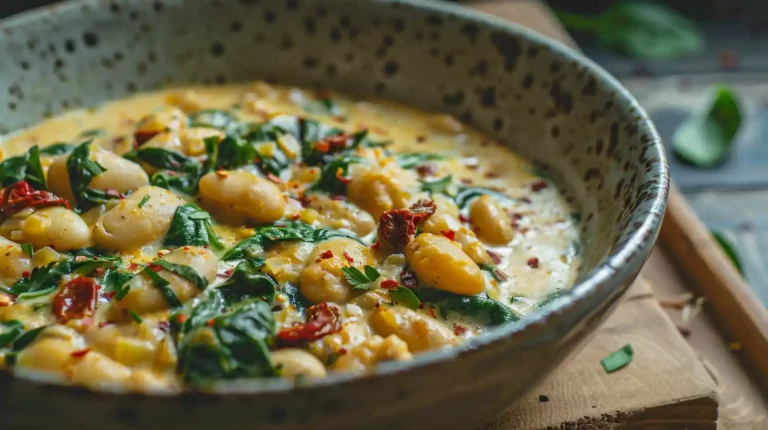 Creamy Tuscan butter beans with spinach and sun-dried tomatoes in a ceramic bowl