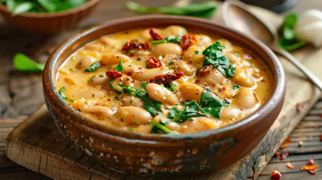 Rustic creamy Tuscan butter beans with garlic and herbs served in a brown ceramic bowl