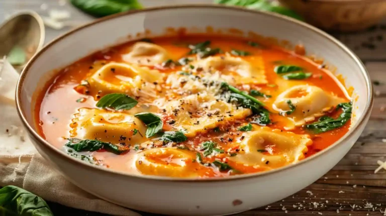 Creamy Tuscan Ravioli Soup in a tomato-based broth with fresh herbs