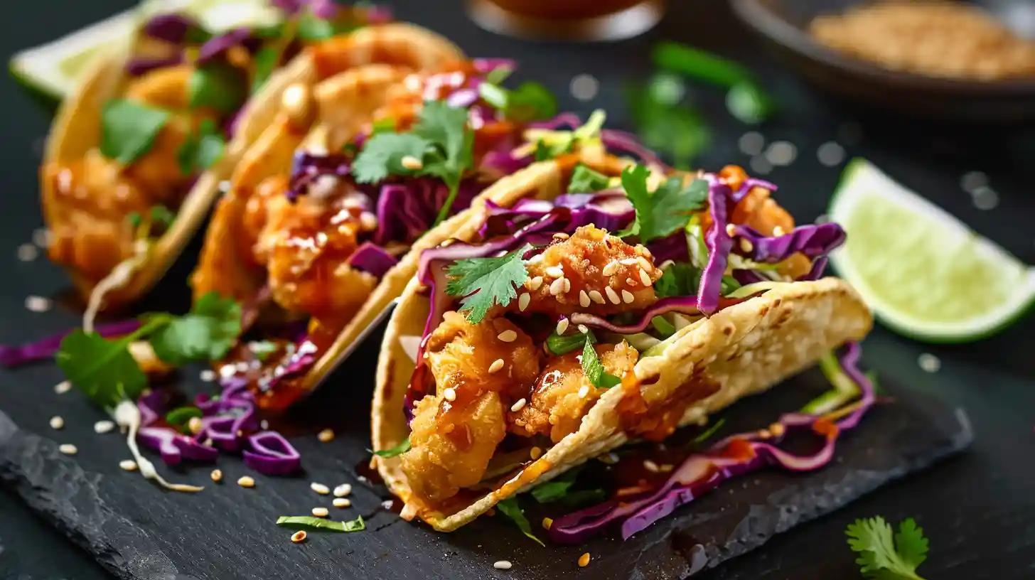 Close-up of crispy chicken wonton tacos topped with cilantro and sauce