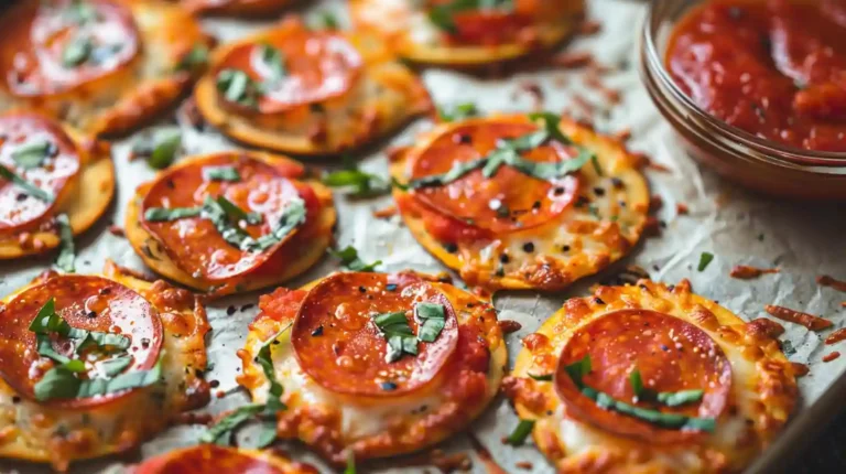 Top view of crispy pizza chips with pepperoni and melted cheese