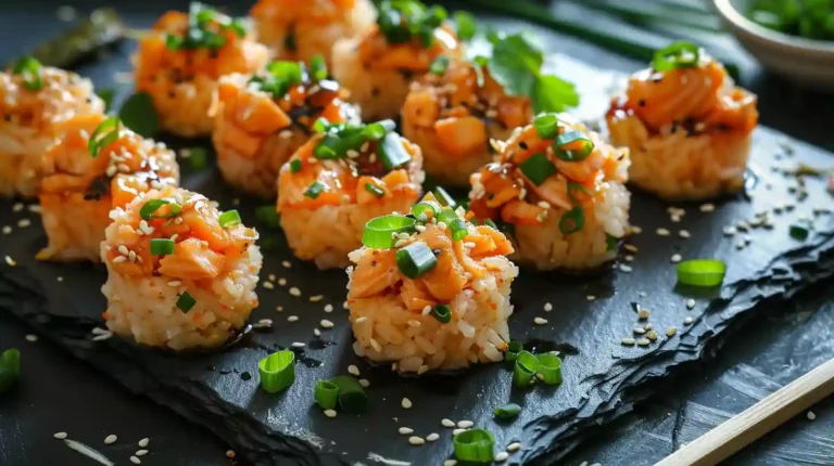 Crispy salmon rice bites arranged on a black slate plate