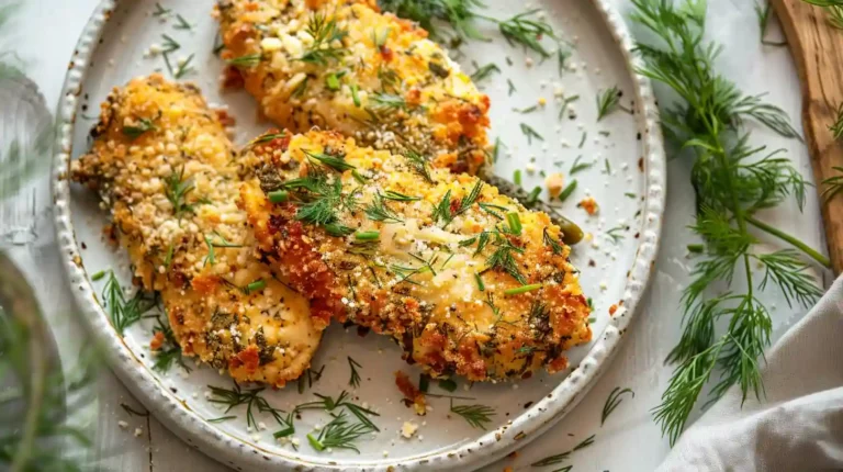 Plate of Crispy Dill Pickle Parmesan Chicken with fresh herbs