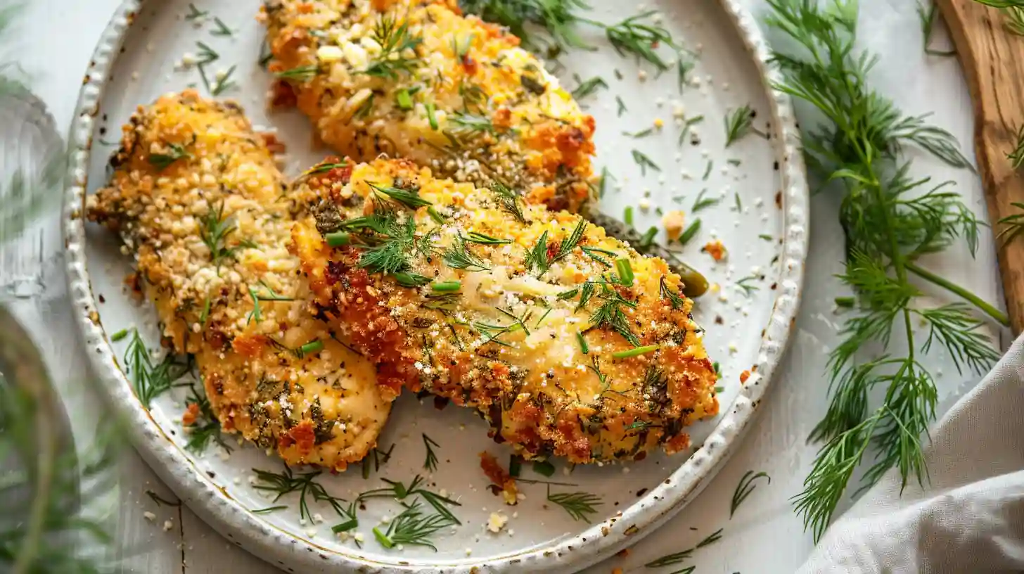 Plate of Crispy Dill Pickle Parmesan Chicken with fresh herbs