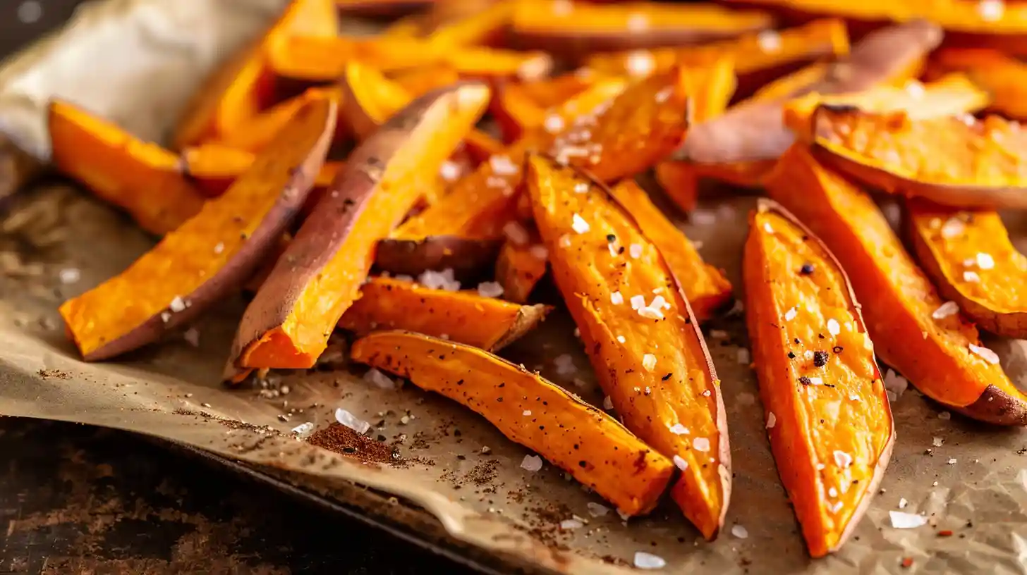Crispy Oven Baked Sweet Potato Fries seasoned with salt and pepper