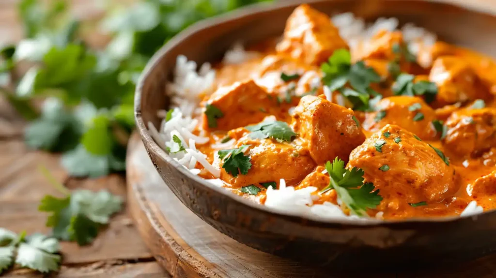 Crockpot creamy coconut chicken tikka masala with steamed rice and fresh cilantro