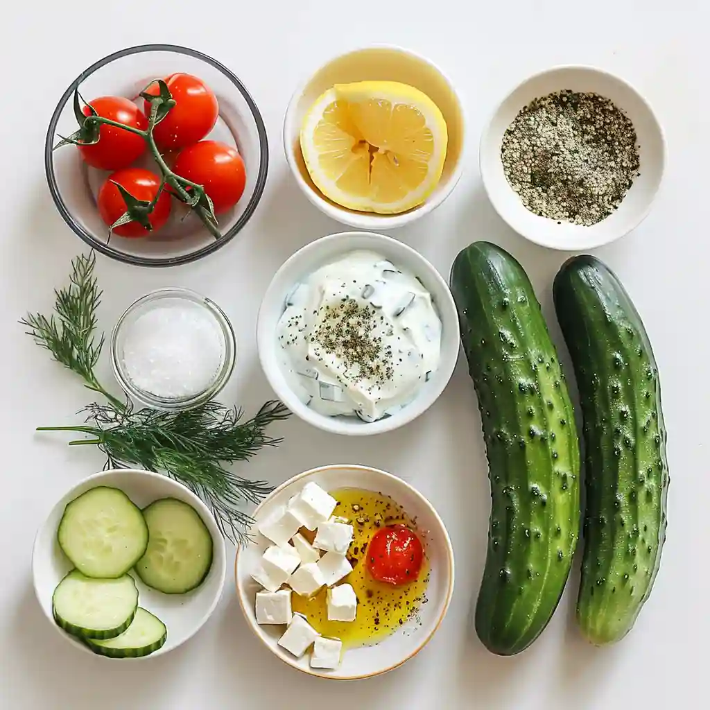 Cucumber Snack Bowl ingredients arranged on a white surface