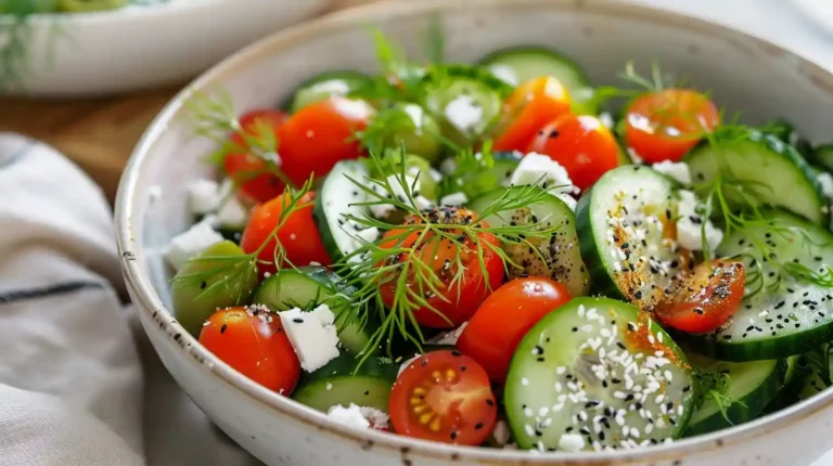 Cucumber Snack Bowl with cherry tomatoes, feta, dill, and sesame seeds