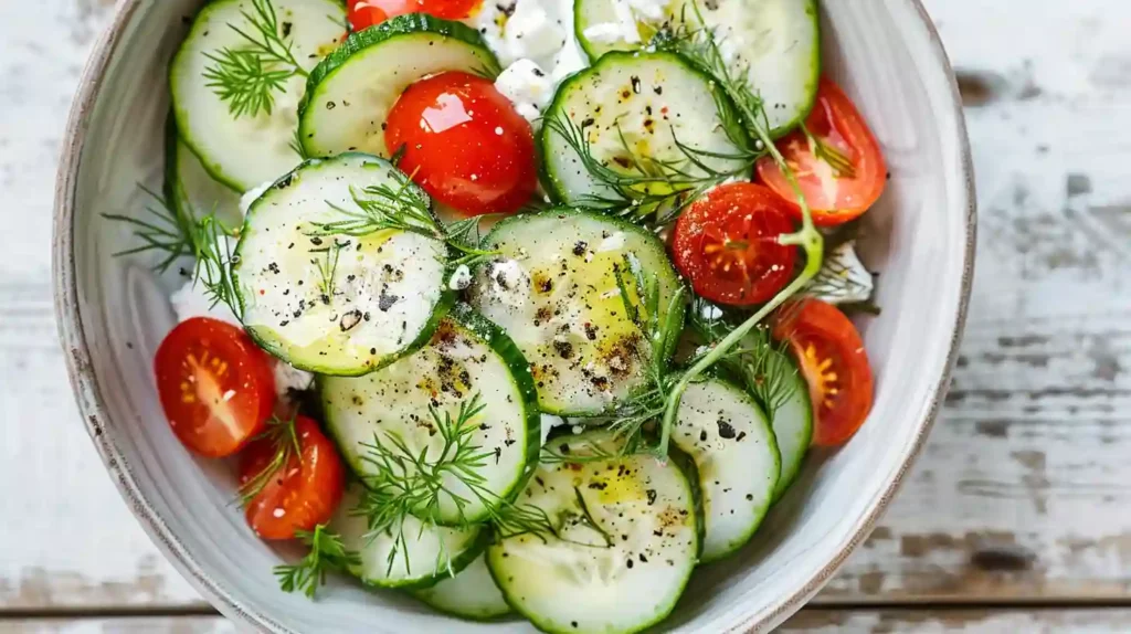 Overhead view of Cucumber Snack Bowl with herbs and black pepper